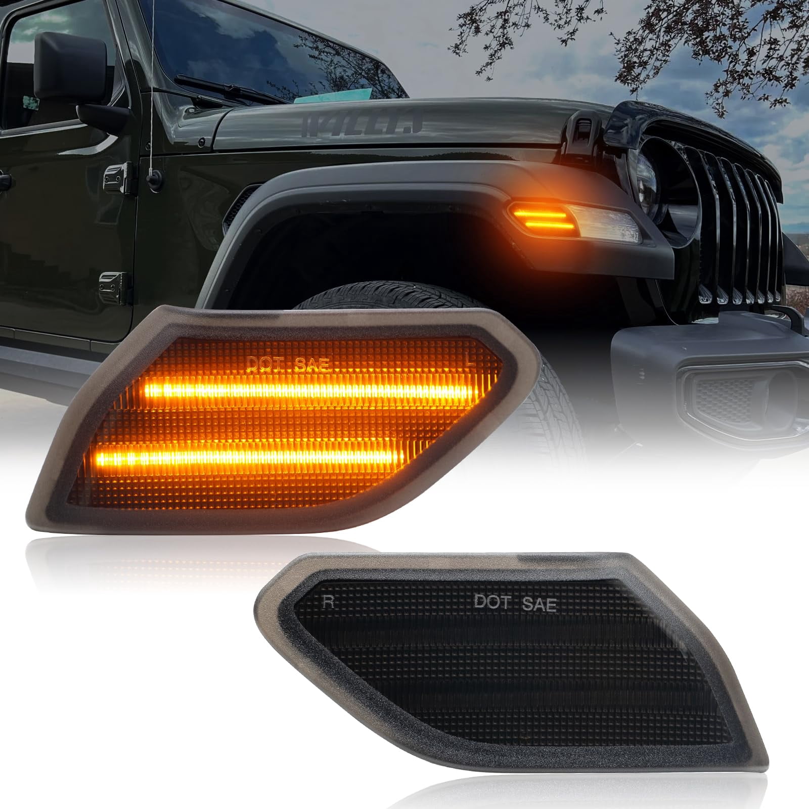 JDMTECH Smoked Lens Amber LED Sidemarker Lights For 2017-2020 Ford F-150 Raptor - Black Housing-1288798