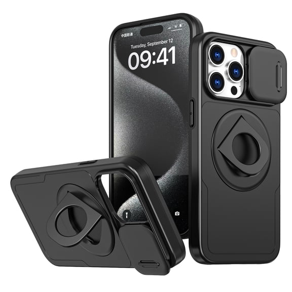 AUshell for iPhone 11 Pro Max Case, Slide Camera Window Compatible wth MagSafe Rotating Kickstand Ring Silicone Military-grade Drop Resistant for iPhone 11 Pro Max Magnetic Shockproof Shell, Black