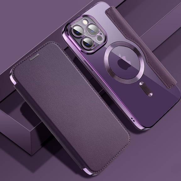 AUshell for iPhone 13 Pro Case, PU Leather Folio Cover with MagSafe Wireless Charging Card Slots RFID Blocking Transparent Anti-yellow Full Protection Shockproof Wallet Cover, Purple