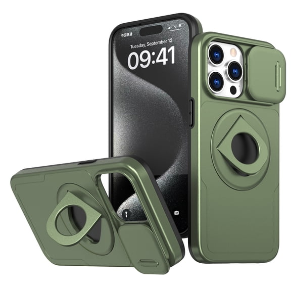 AUshell for iPhone 13 Pro Max Case, Slide Camera Window Compatible wth MagSafe Rotating Kickstand Ring Silicone Military-grade Drop Resistant for iPhone 13 Pro Max Magnetic Shockproof Shell,Olivegreen