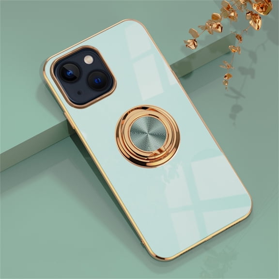 AUshell for iPhone 14 Case (6.1" 2022) with Rotating Kickstand, Plating Frame Stylish Magnetic Car Mount Shockproof/Anti-drop Slim Silicone Shell for Girls Men for iPhone 14, Mint