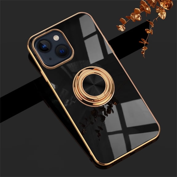 AUshell for iPhone 14 Case (6.1" 2022) with Rotating Kickstand, Plating Frame Stylish Magnetic Car Mount Shockproof/Anti-drop Slim Silicone Shell for Girls Men for iPhone 14, Black