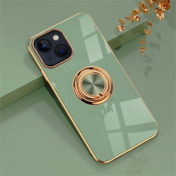 AUshell for iPhone 14 Case (6.1" 2022) with Rotating Kickstand, Plating Frame Stylish Magnetic Car Mount Shockproof/Anti-drop Slim Silicone Shell for Girls Men for iPhone 14, Fruitgreen