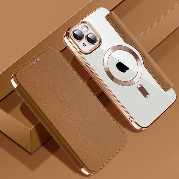 AUshell for iPhone 14 Case, PU Leather Folio Cover with MagSafe Wireless Charging Card Slots RFID Blocking Transparent Anti-yellow Full Protection Shockproof for iPhone 14(6.1") Wallet Cover, Brown