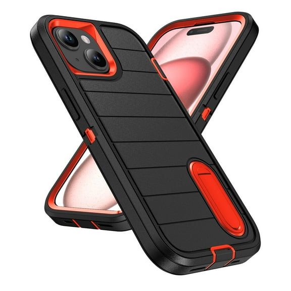 AUshell for iPhone 15 Case (6.1" 2023) with Foldable Kickstand, Anti-slip Tri-layer Rugged PC Frame/Back Silicone Shell Heavy Duty Protective Military-grade Shockproof Shell, Black/Orange