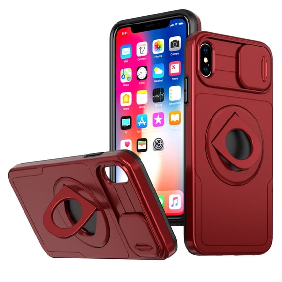 AUshell for iPhone X/XS Case, Slide Camera Window Compatible wth MagSafe Rotating Kickstand Ring Silicone Military-grade Drop Resistant for iPhone X/XS(6.1" 2018) Magnetic Shockproof Shell, Red