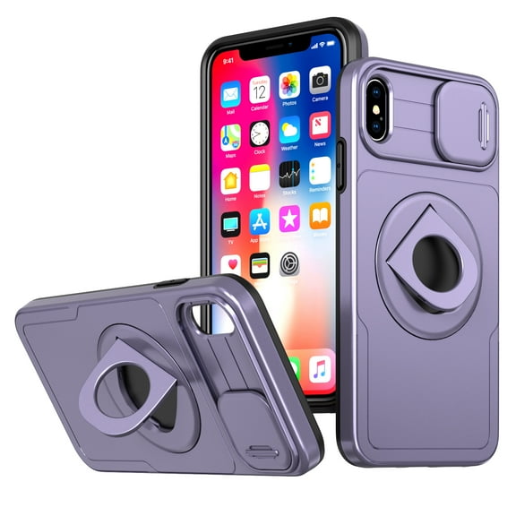 AUshell for iPhone X/XS Case, Slide Camera Window Compatible wth MagSafe Rotating Kickstand Ring Silicone Military-grade Drop Resistant for iPhone X/XS(6.1" 2018) Magnetic Shockproof Shell, Purple