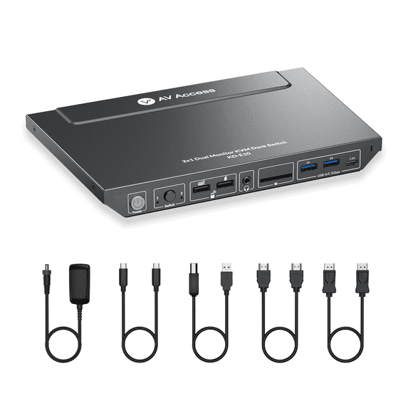 AV Access KVM Switch Docking Station for 2 Monitors 2 Computers, 4K KVM Switch Dual Monitor for Laptop & Desktop, EDID, 1G Ethernet, 100W USB C Charging, 3X USB 3.0(KD-E10)