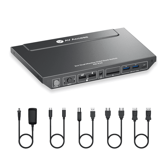 AV Access KVM Switch Docking Station for 2 Monitors 2 Computers, 4K KVM Switch Dual Monitor for Laptop & Desktop, EDID, 1G Ethernet, 100W USB C Charging, 3X USB 3.0(KD-E10)