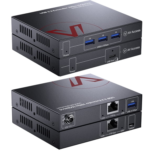 AV Access HDbaseT USB 3.2 Extender Over Ethernet Cat6a/7 100M/330FT, 4 USB 3.2 Ports 5Gbps for Long Distance Extension, 6.6FT USB C to A Cable Included, Plug&Play, Supports All Operating System, PoC