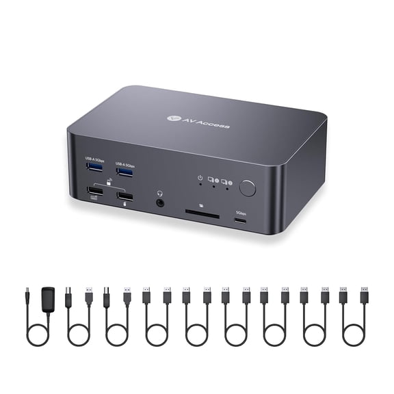 (desktop only)AV Access 8K KVM Switch Docking Station for 2 PCs & Triple Monitor, with 6 DP Cables, DisplayPort 2.0, 1G Ethernet, USB 3.0, 4K@165/144Hz, 2K@144Hz for Gaming & Home Office(iDock D23 )