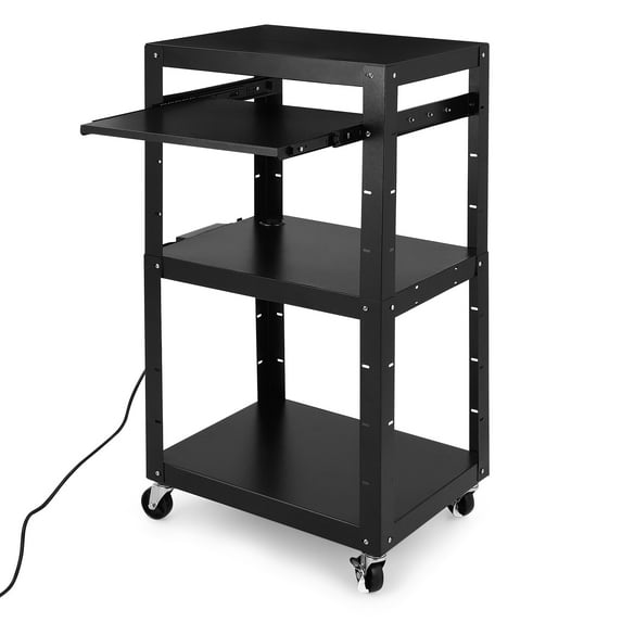 AV Cart, 3-Layer Metal Presentation Cart with Keyboard Tray, Utility Cart with Power Strip, Height Adjustable AV Utility Cart, Heavy- Duty AV Cart with 4 Rolling Casters and 2 Locking Brakes for Pre