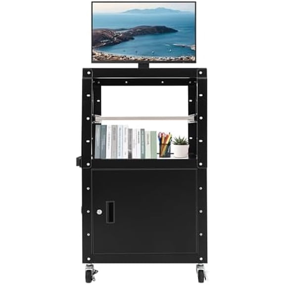 AV Cart, 77lbs Rolling Projector Utility Cart Carbon Steel Mobile Storage Cart with Locking Cabinet, Keyboard Tray & Power Strip, 31.5-43Inch Height Adjustment AV Presentation Stand$$Office
