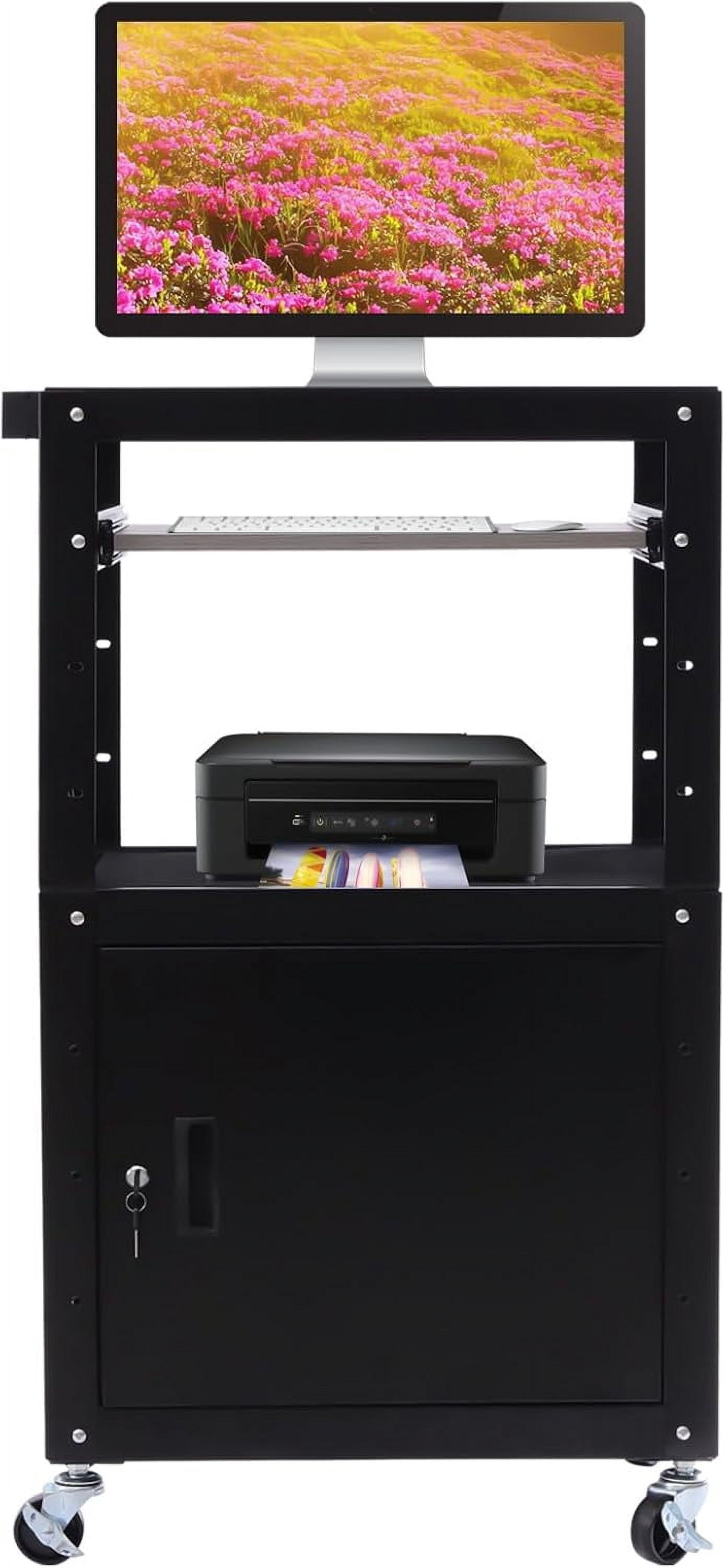 Adjustable Height AV Cart With Locking Cabinet & Pull-Out Tray | Media Stand For Projector, TV, Laptop