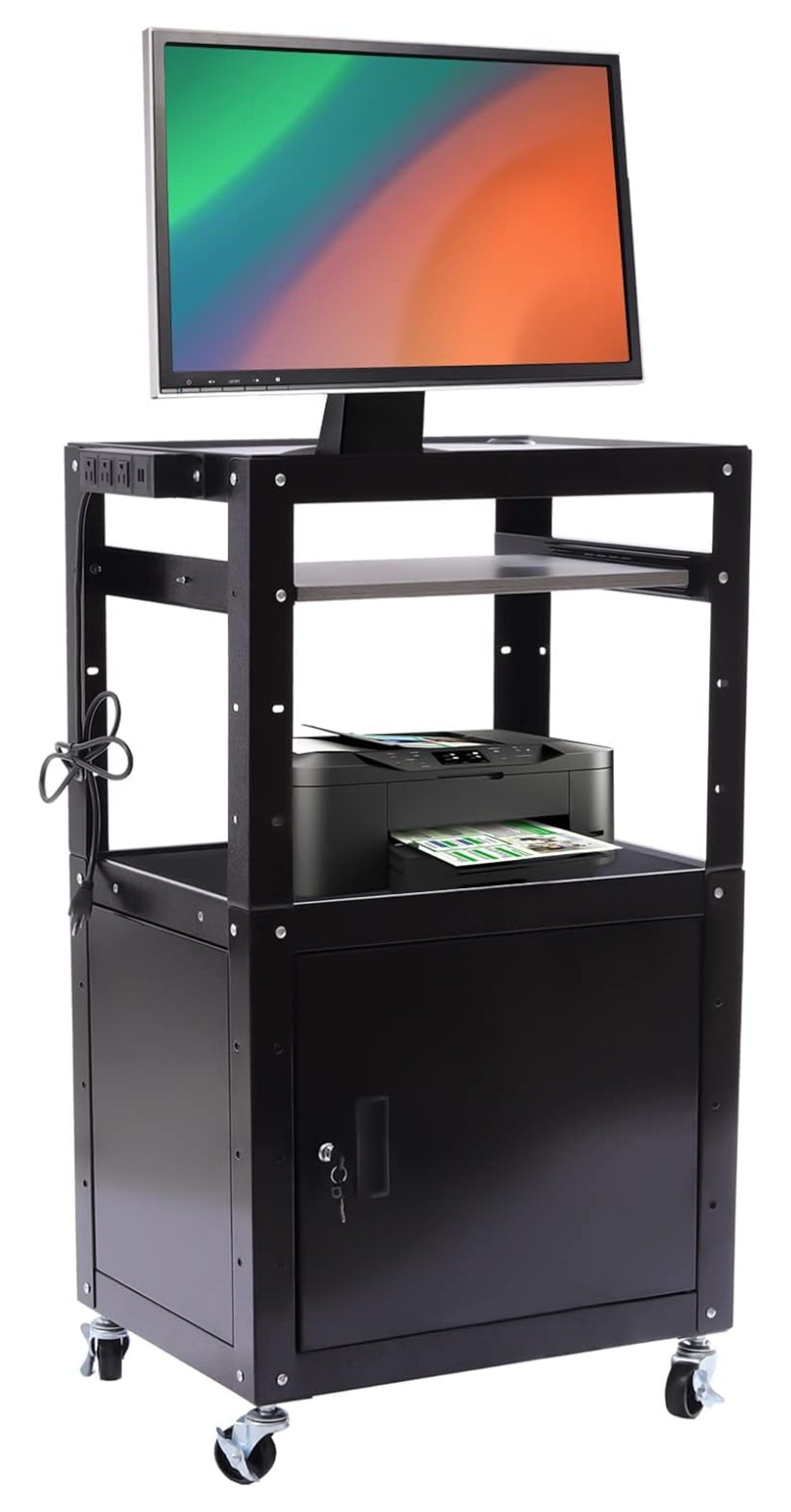 AV Cart w/Locking 3 Tier Rolling Cart with Power Strip, Steel