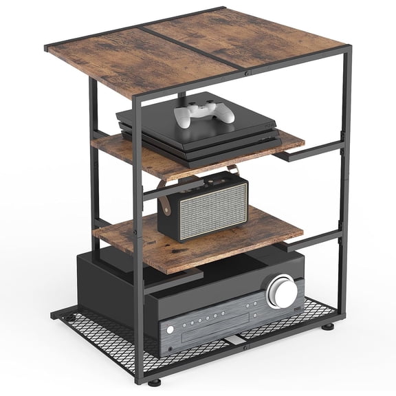 AV Media Stand 4 Tier Wooden Stereo Cabinet Corner Shelf for Record Player Rack Audio Tower with Adjustable Shelves Media Audio Tower Cabinet Audio Stand for DVD Players