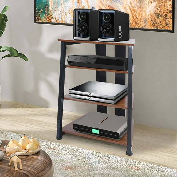 AV Media Stand, Stereo Stand with Storage Shelves, 4-Tier AV Media Stand (Brown+Black)
