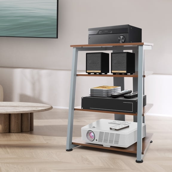 AV Media Stand, Stereo Stand with Storage Shelves, 4-Tier AV Media Stand (Brown+Gray)