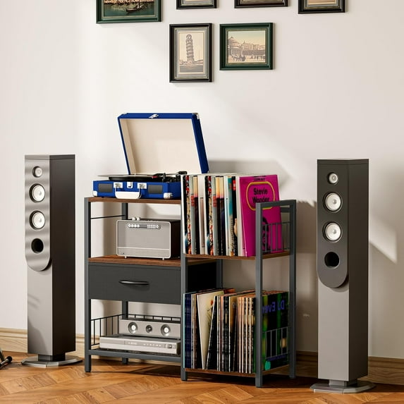 AV Media Stand with Vinyl Storage, Record Player Holder for 280+ Albums, Audio Video Rack with Fabric Drawer