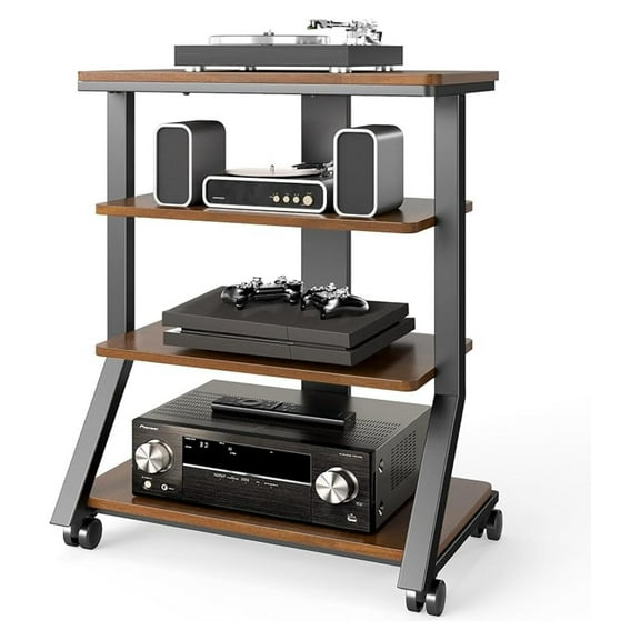 AV Media Stand with Wheels, 4-Tier Audio Tower, Adjustable Shelves, Stereo Rack for Record Player & TV Box, Walnut Finish