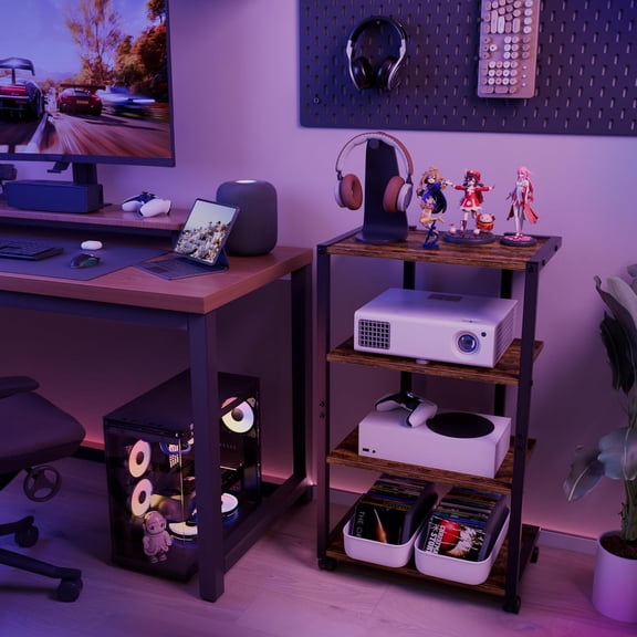 AV Media Stand with Wheels, 4-Tier Game Console Shelf, Rolling Media Cart for Small Space
