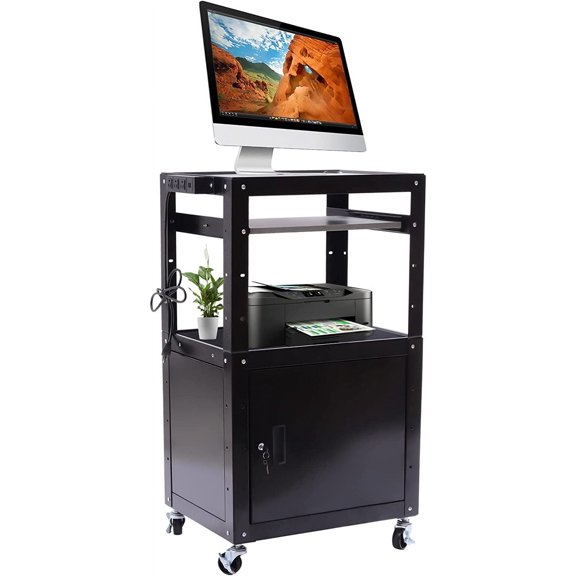 AV Presentation Cart Stand, 24 x 18 x 41.5inch Rolling Projector Utility Cart w/Storage Cabinet Keyboard Tray Height Adjustable Steel AV Cart