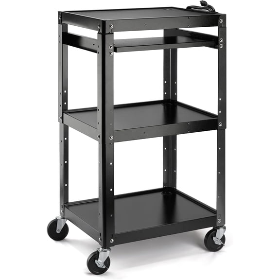 AV Presentation Cart Stand for Video Projector,TV,Laptop Computers,Printers,Metal Construction Rolling Cart with Adjustable Shelves,4 Wheels,4 Outlets, 5.75ft Cord,Support 300 lbs,Black