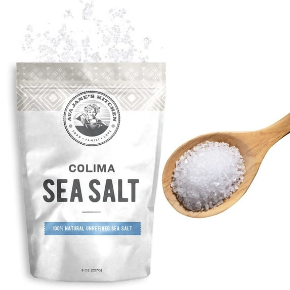 AVA JANE'S KITCHEN - Colima Sea Salt Unrefined Hand Harvested - 100% all Natural Organic Sea Salt, Non GMO Kosher With Resealable Ziplock, Salt Gourmet Grade, Coarse Grain, 8oz