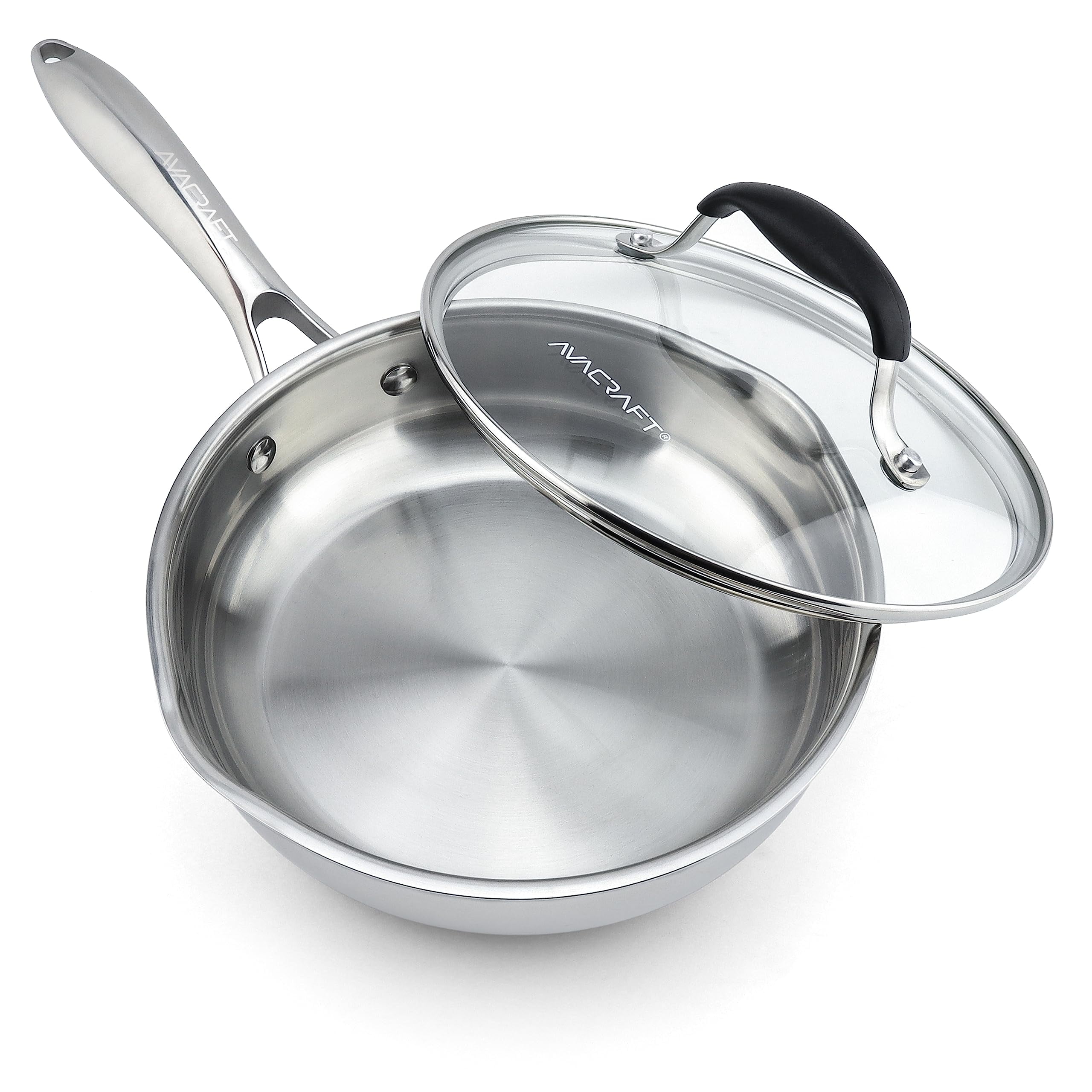 AVACRAFT 18/10 Stainless Steel Frying Pan with Lid and Side Spouts