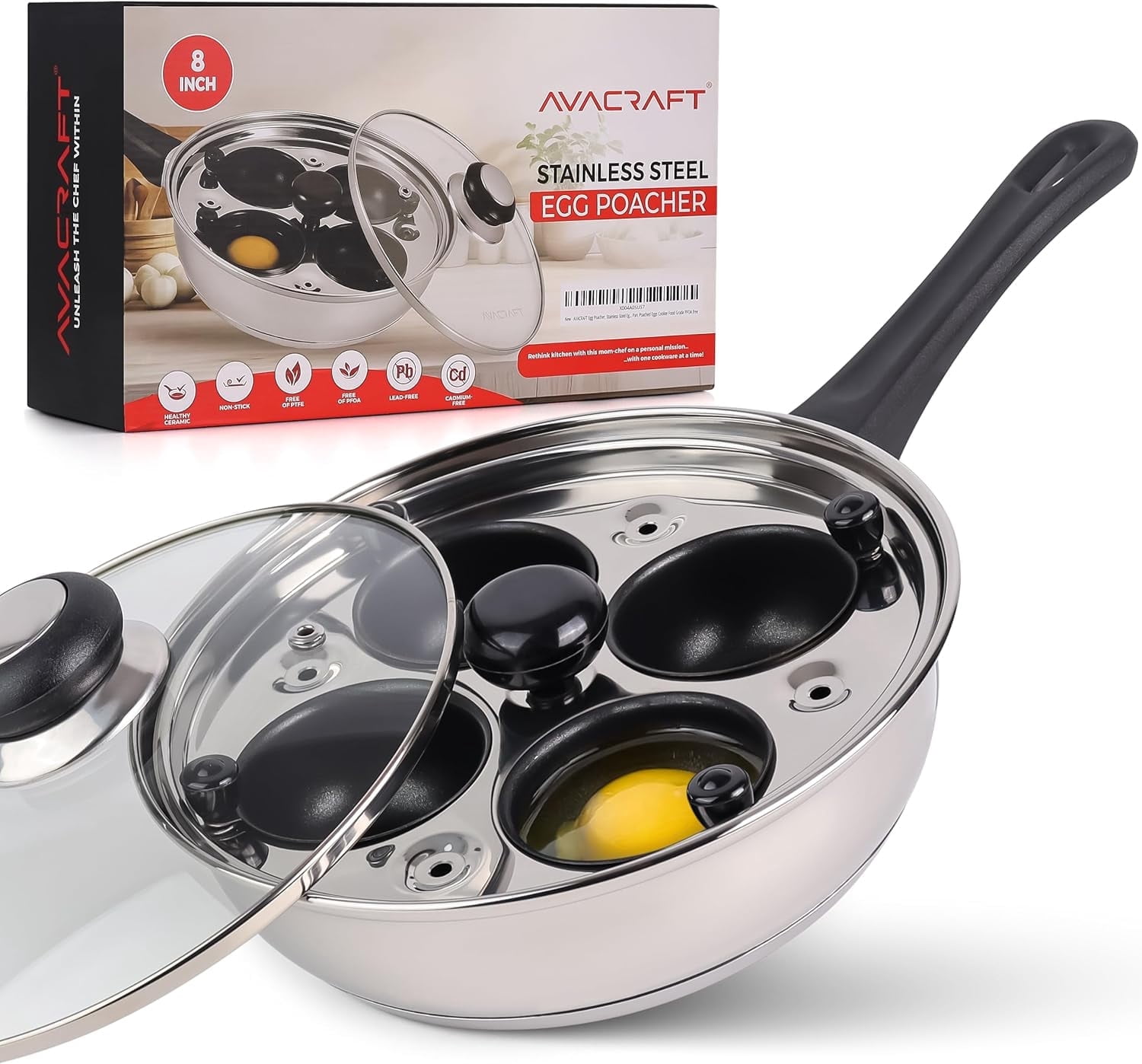 AVACRAFT Egg Poacher, Stainless Steel Egg Poaching Pan, Poached Eggs Cooker