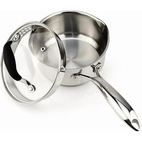 AVACRAFT Multipurpose Stainless Steel Saucepan with Glass Lid, 1.5 Quart, Two Side Spouts, Ergonomic Handle