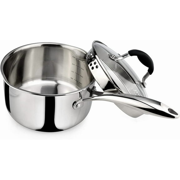 AVACRAFT Tri-Ply Stainless Steel Saucepan with Glass Strainer Lid, Two Side Spouts, Ergonomic Handle, Multipurpose Sauce Pan with Lid, Sauce Pot, Cooking Pot (Tri-Ply Full Body, 2.5 Quart)