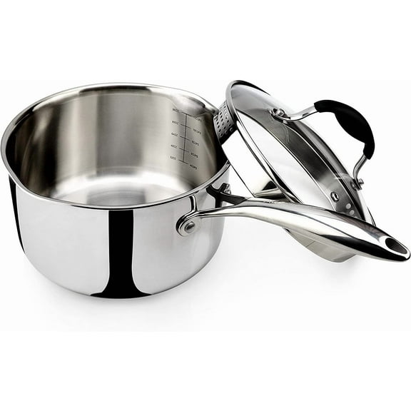 AVACRAFT Tri-Ply Stainless Steel Saucepan with Glass Strainer Lid, Two Side Spouts, Multipurpose Sauce Pan with Lid, Sauce Pot, Cooking Pot (Tri-Ply Full Body, 3.5 Quart)