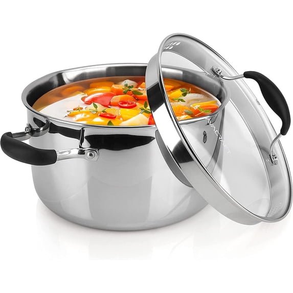 AVACRAFT Tri-Ply Stainless Steel Stockpot with Glass Strainer Lid, Side Spouts, 6 Quart Multipurpose Sauce Pot