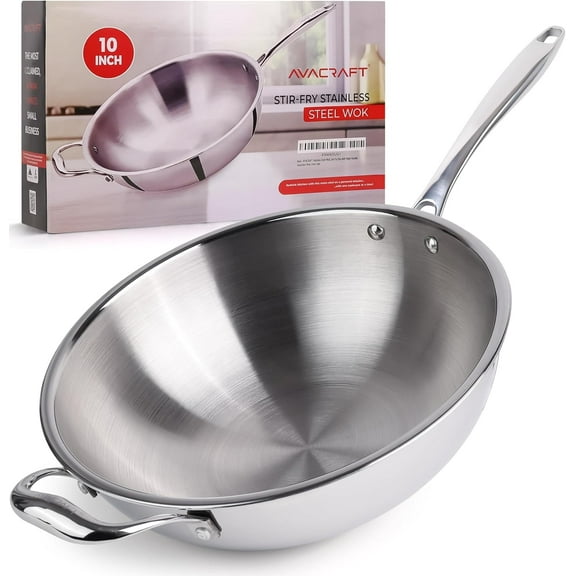 AVACRAFT Tri-Ply Stainless Steel Wok, Stir-Fry Pan with Helper Handle, Flat Bottom, Induction Compatible, Oven Safe, 10 Inch