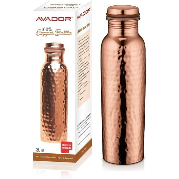 AVADOR Handcrafted 100% Pure Copper Water Bottle Vessel Hammered Finish 16 Oz. Leak Proof Gift Set Box Ayurveda Health Benefit