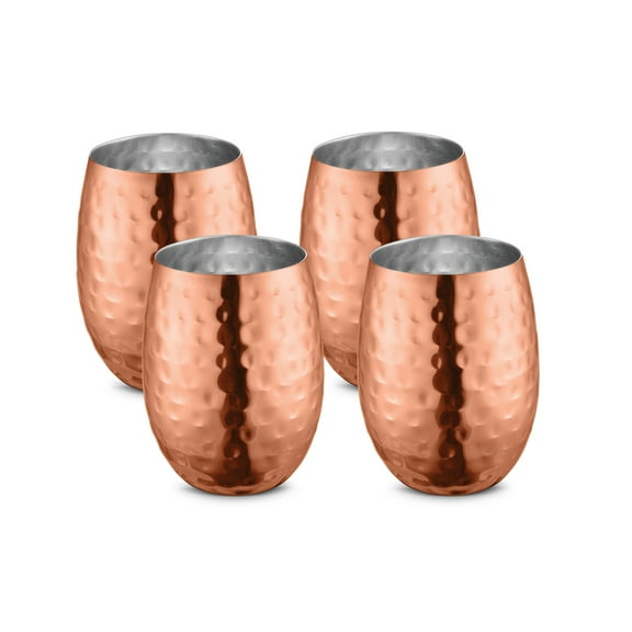 AVADOR Handcrafted Set of 4 Stainless Steel Shatterproof Glass Drinkware Tumbler Hammered Finish 16 Oz. each for Water | Wine | Moscow Mules | Stemless Wine Glass (Copper Finish)