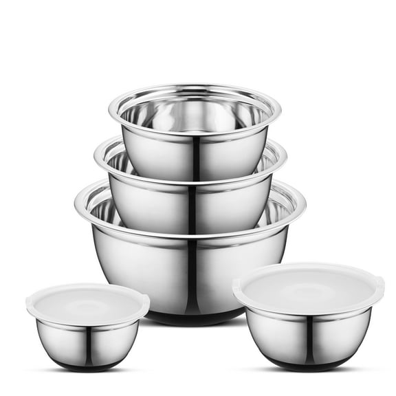 AVADOR Premium Stainless Steel Mixing Bowls, Set of 5 Brushed Stainless Steel Mixing Bowl Set, Easy To Clean, Space Saving, Great for Cooking, Baking, Prepping (5 pc Anti Slip Mixing Bowl with Lids)