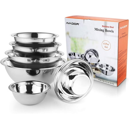 AVADOR Premium Stainless Steel Mixing Bowls, Set of 6 Brushed Stainless Steel Mixing Bowl Set, Easy To Clean, Space Saving, Great for Cooking, Baking, Prepping, Includes Gift Box
