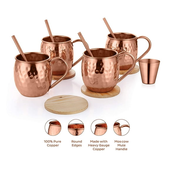 AVADOR Set of 4 Handcrafted 100% Pure Copper Moscow Mule Mugs Hammered Finish 16 Oz. Gift Set Boxed with Shot Glass, 4 Copper Straws and 4 Wooden Coasters