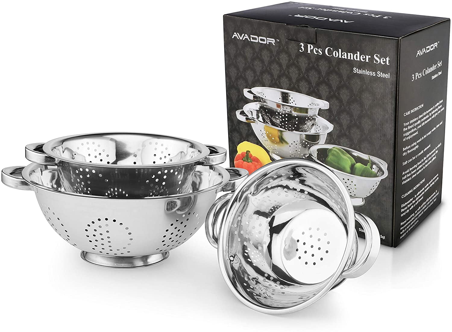 AVADOR 3-Piece Stainless Steel Colander Set for Cooking and Baking