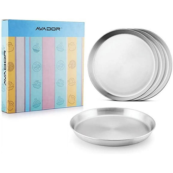 AVADOR Toddler Set of 4 Deep Round Plates 18/8 Stainless Steel Products for Kids Dining | Camping | Outdoor BPA Free Dishwasher Safe