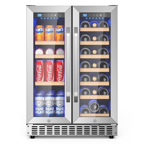 AVAHUM 24 Inch 21-Bottle & 88-Can Dual Zone Wine and Beverage Refrigerator, Under Counter Built-In Cooler, Curved Handle