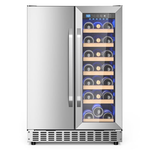 AVAHUM 24 Inch 21-Bottle & 88-Can Hybrid Door Dual Zone Wine and Beverage Refrigerator, Under Counter Built-In Cooler, Curved Handle