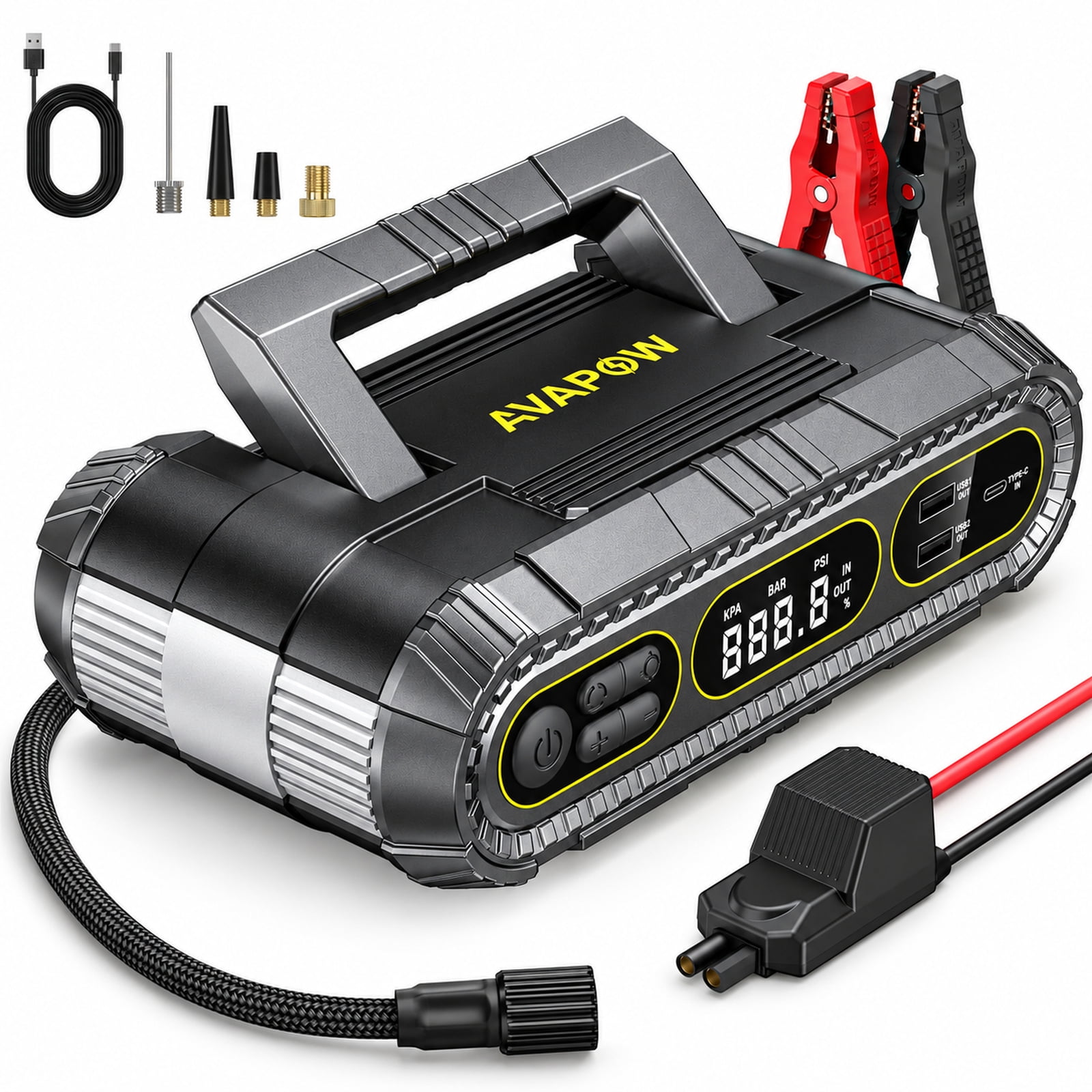 AVAPOW 2000A Car Jump Starter and Air Compressor, 8.0L Gas/6.0L Diesel ...