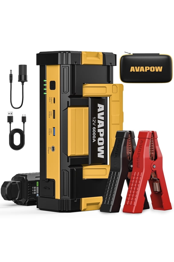 6000A Car Battery Jump Starter, Portable Car Jump Starter with Dual USB Quick Charge and DC Output, 12V Jump Pack with Built-in LED Bright Light, Yellow