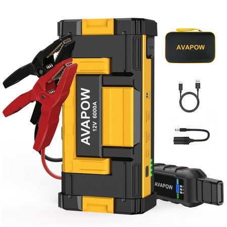 AVAPOW 6000A Car Jump Starter - Upgraded, Dual USB Quick Charge & LED Light, 12V Jump Pack for Gas & 12L Diesel