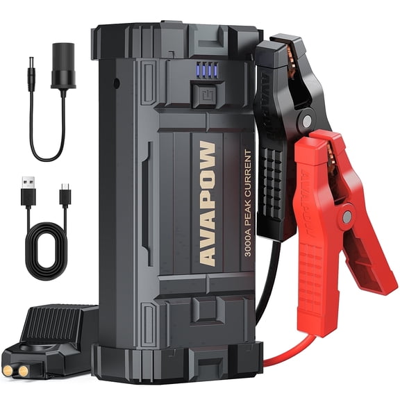 AVAPOW Car Jump Starter, 3000A Peak 23800mAh Battery Jump Booster, 12V Portable Jump Box for Up to 8L Gas 8L Diesel Engine, Battery Starter with Jumper Cables, LCD Display, Lights