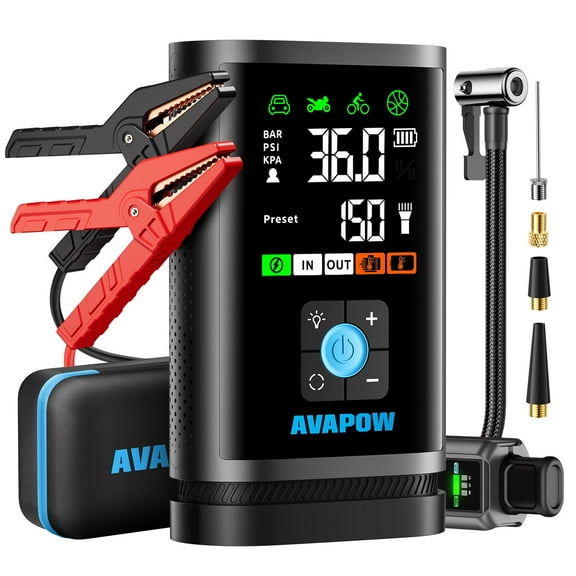 AVAPOW Car Jump Starter with Air Compressor, 12V 3000A Car Battery Jump Starter Pack (9.0L Gas/6.5L Diesel), 150PSI Tire Inflator with LCD Display & LED light