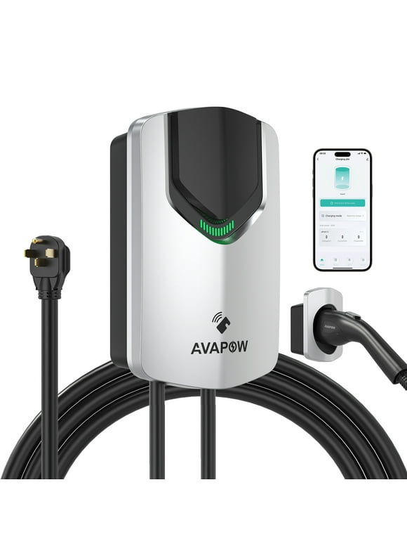AVAPOW EV Charger, Universal Electric Vehicle Charging Station up to 48 A, Level 2 EVSE 240V with NEMA 14-50 Plug, UL Listed, Sliver